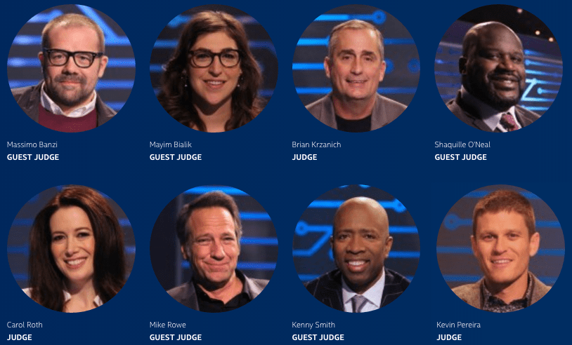 America's Greatest Makers Promo Shot of all the judges including Massimo Banzi, Mayim Bialik, Brian Krzanich, Shaquille O'Neal Shaq, Carol Roth, Mike Rowe, Kenny Smith, Kevin Pereira