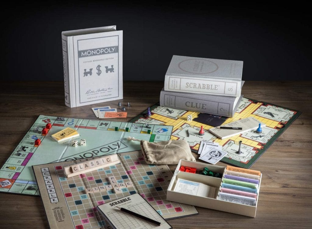 Clue, Scrabble, and Monopoly Vintage Bookshelf TPO
