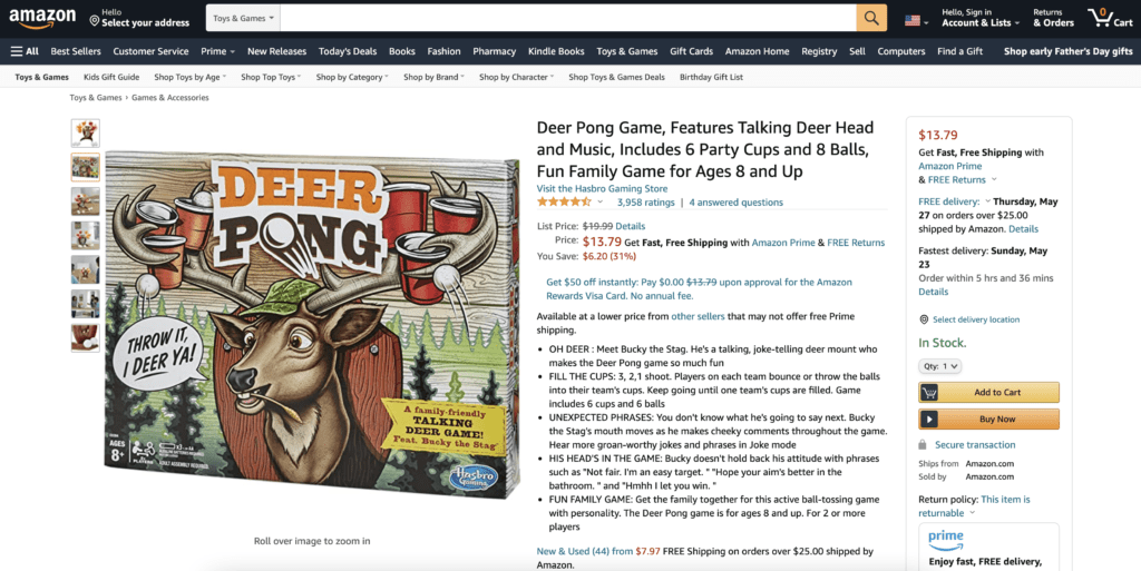 Deer Pong - Amazon website