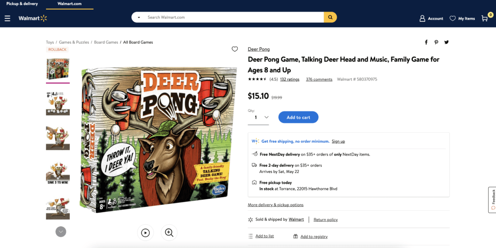 Deer Pong - Walmart website