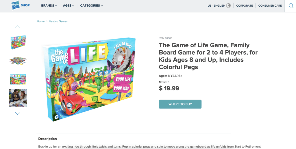  Hasbro Gaming The Game of Life Game, Family Board Game for 2-4  Players, Indoor Game for Kids Ages 8 and Up, Pegs Come in 6 Colors : Toys &  Games