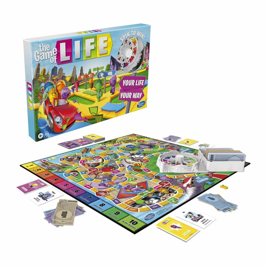 Game of Life 2021 'Your Life Your Way' Total Product Offering with game board, money, cards, and spinner, with the Front of Pack. Made by Hasbro Gaming