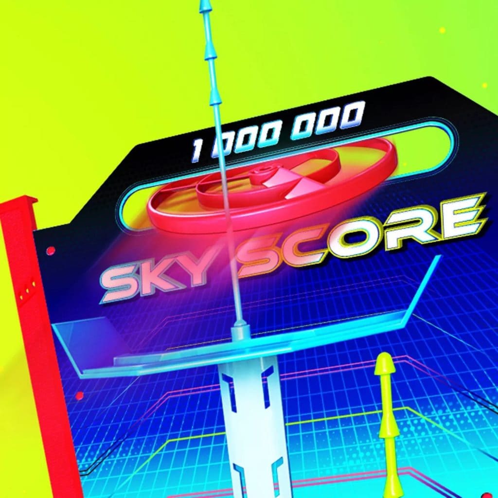 Sky Score Game Hasbro unit on display from front on close up with background spinner flying through top score