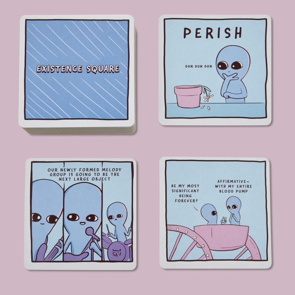 Sweet Existence (Nathan W Pyle Strange Planet) Card Game Array of cards with PERISH card in top right corner