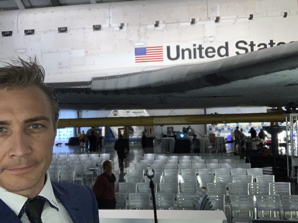 Gray Bright at Yuri's Night in front of Space Shuttle Endeavour 2019